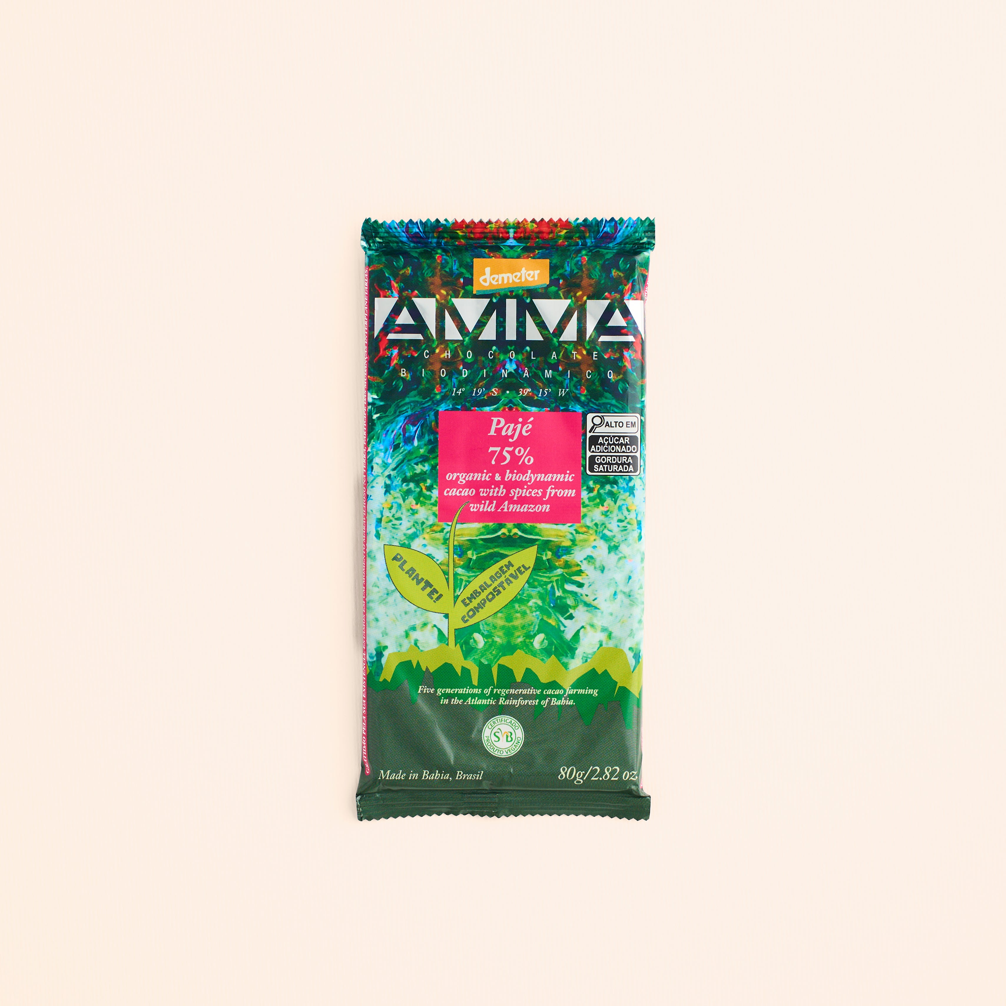 Chocolate Biodinâmico Pajé 75% Cacau com Especiarias da Amazônia 80g