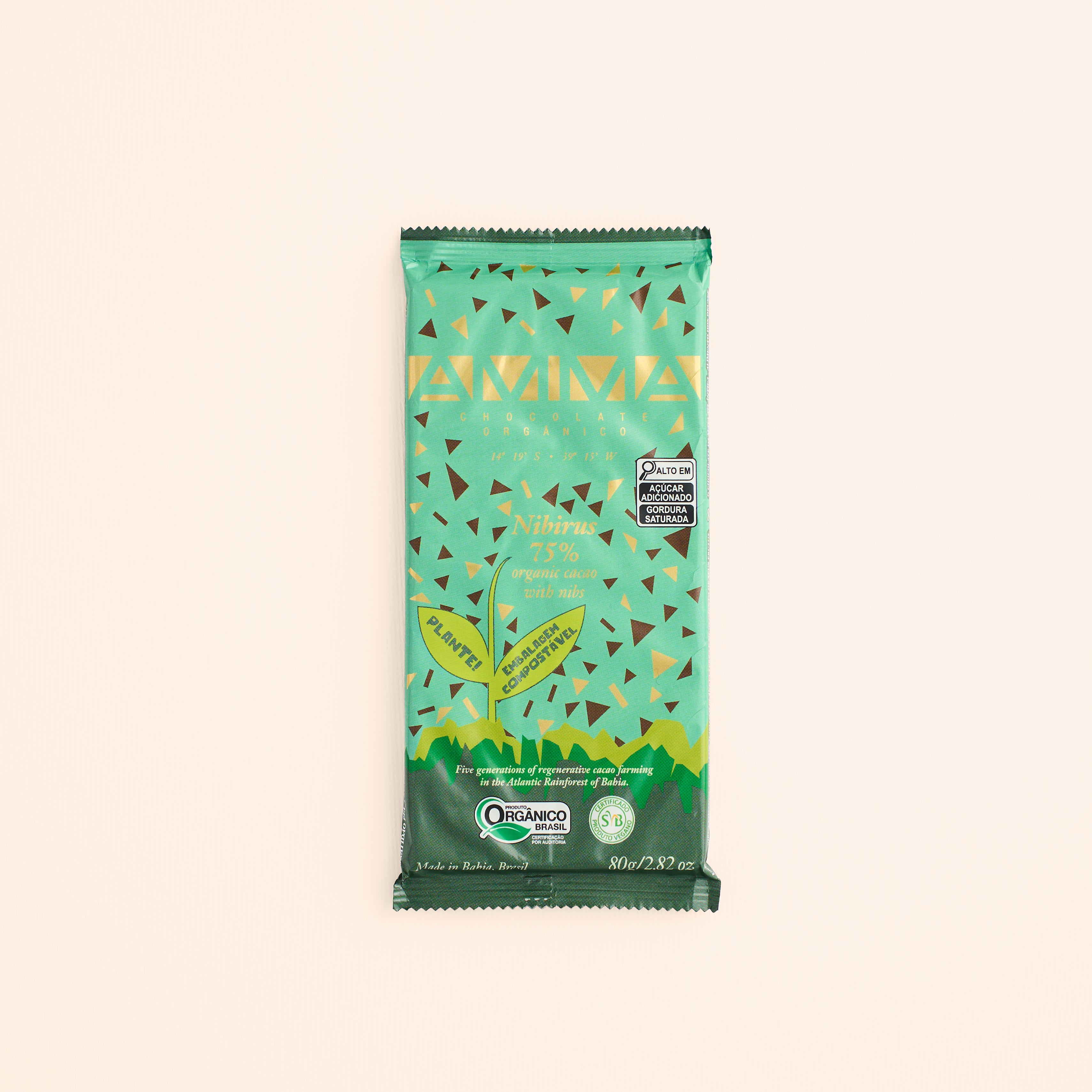 Chocolate Orgânico Nibirus 75% Cacau com Nibs 80g