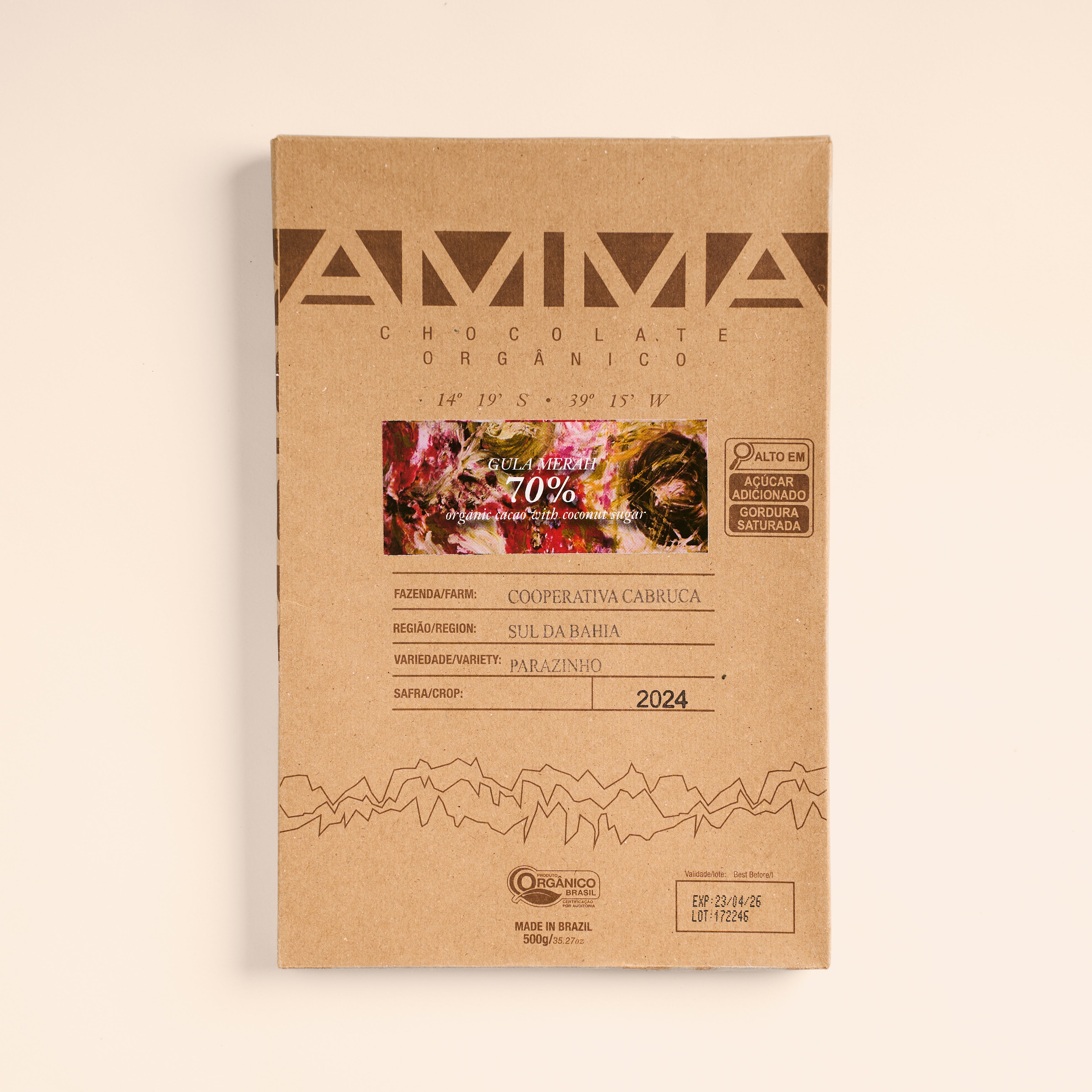 Chocolate Orgânico Gula Merah 70% Cacau com Açúcar de Coco 500g