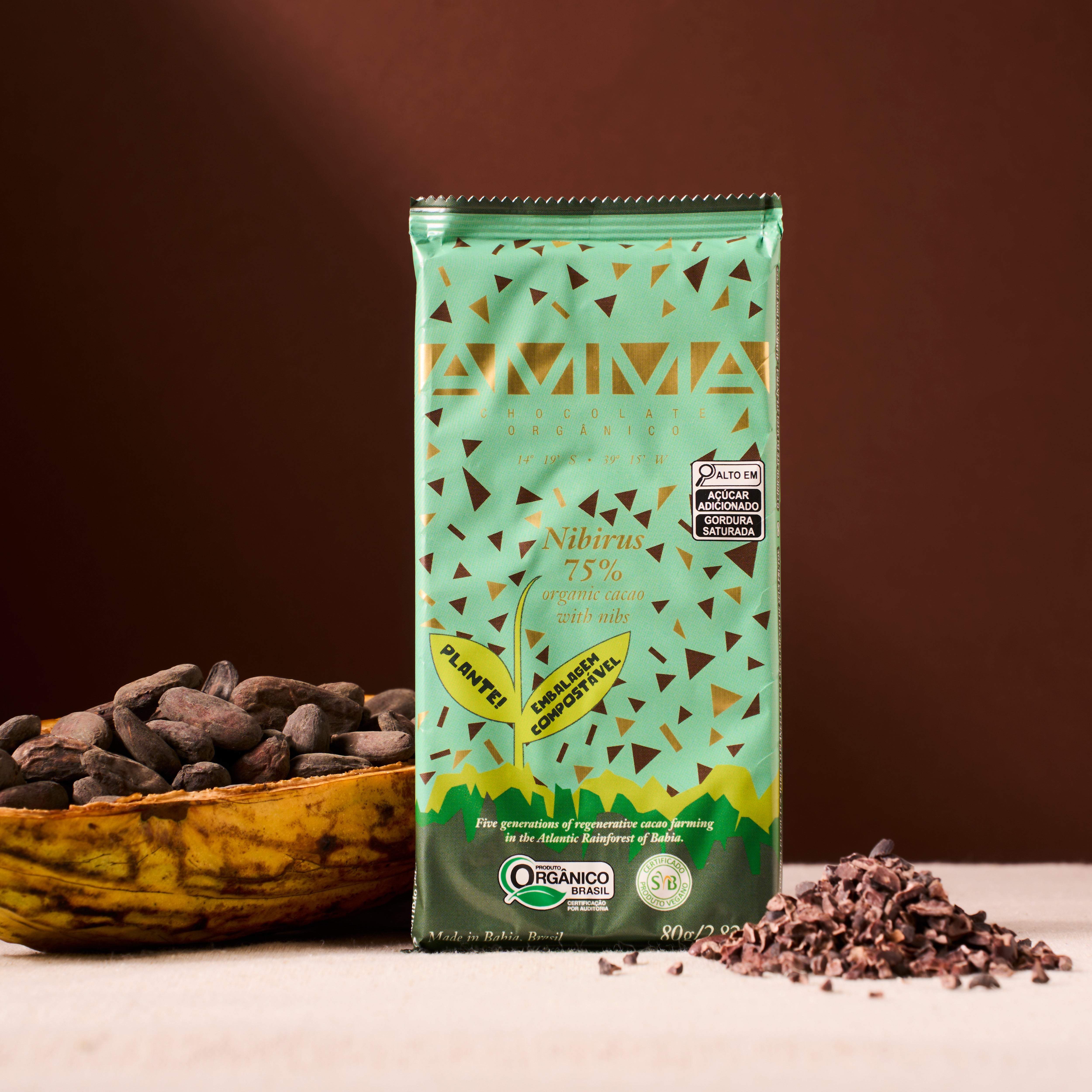 Chocolate Orgânico Nibirus 75% Cacau com Nibs 80g