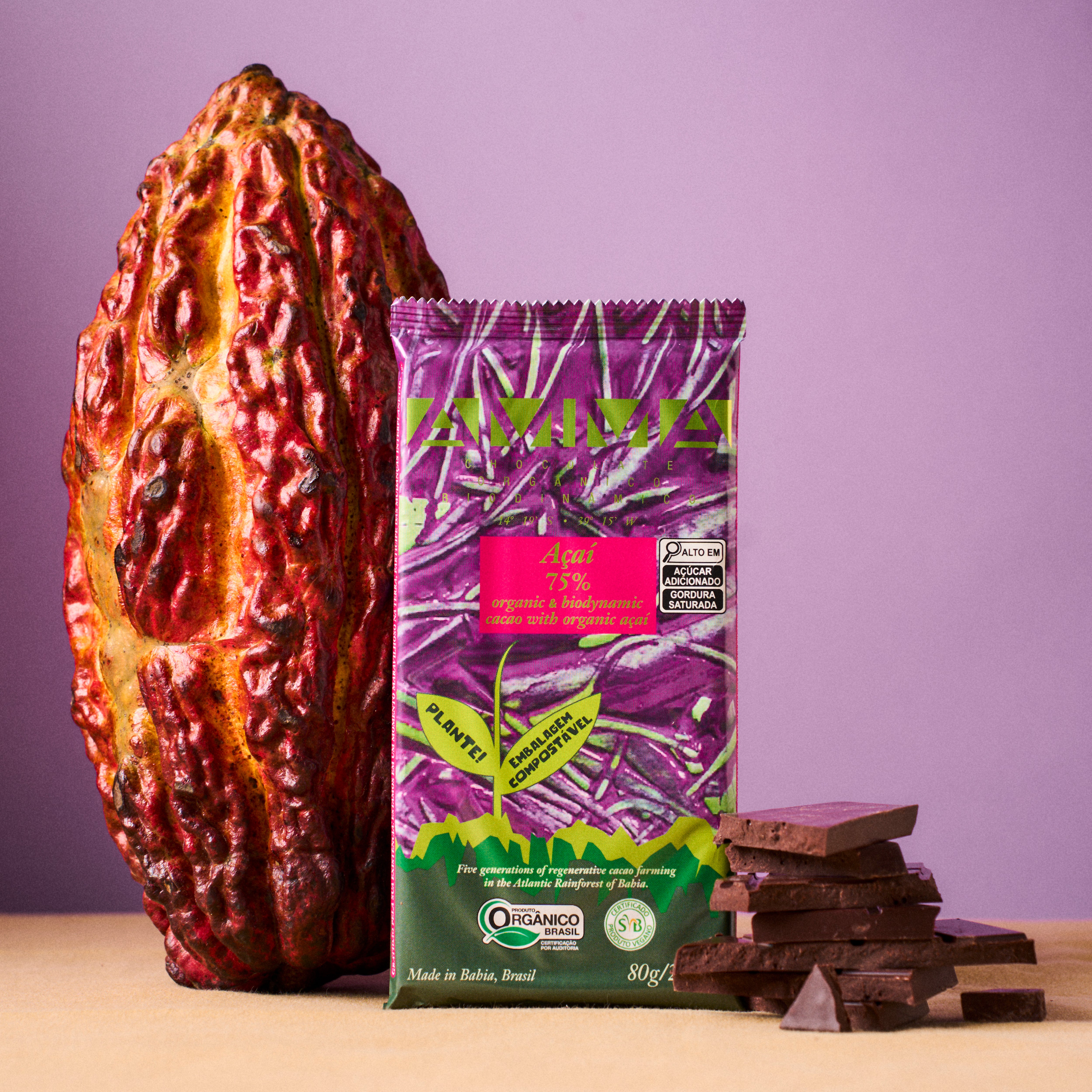 Chocolate Biodinâmico Açaí 75% Cacau com Açaí 80g
