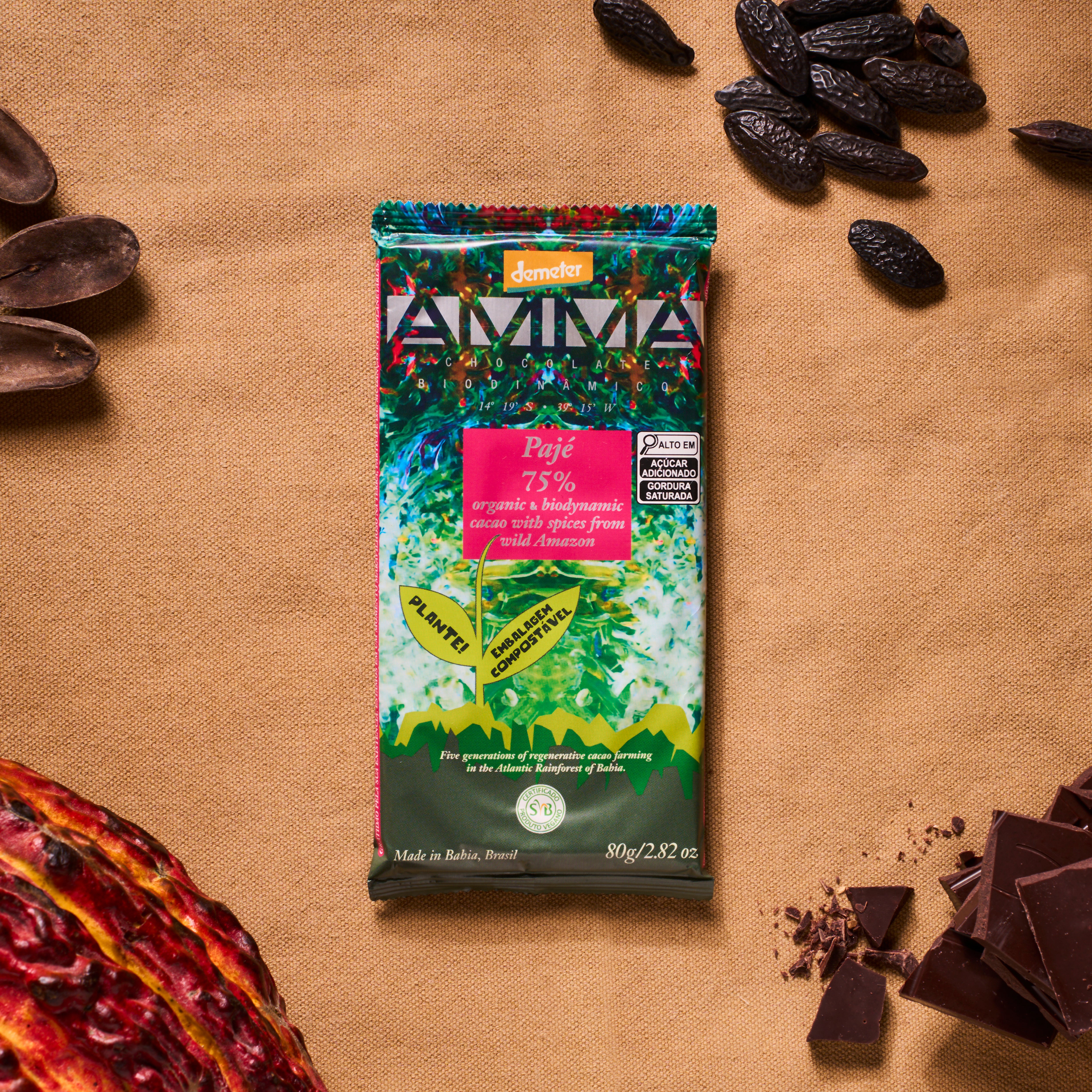 Chocolate Biodinâmico Pajé 75% Cacau com Especiarias da Amazônia 80g