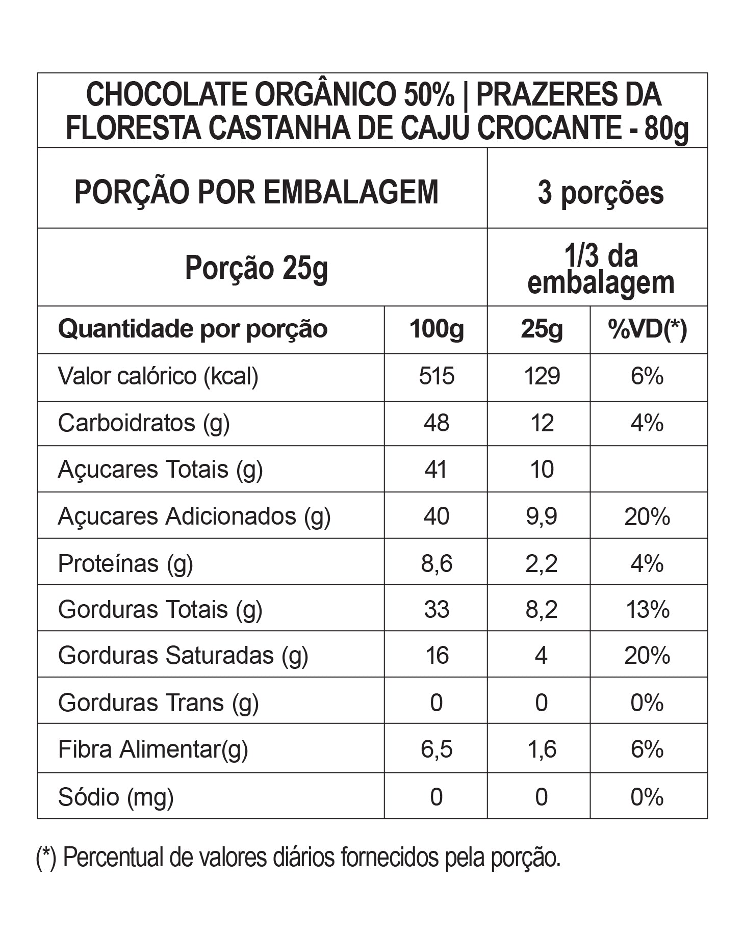 Chocolate Orgânico 50% - Castanha de Caju Crocante 80g
