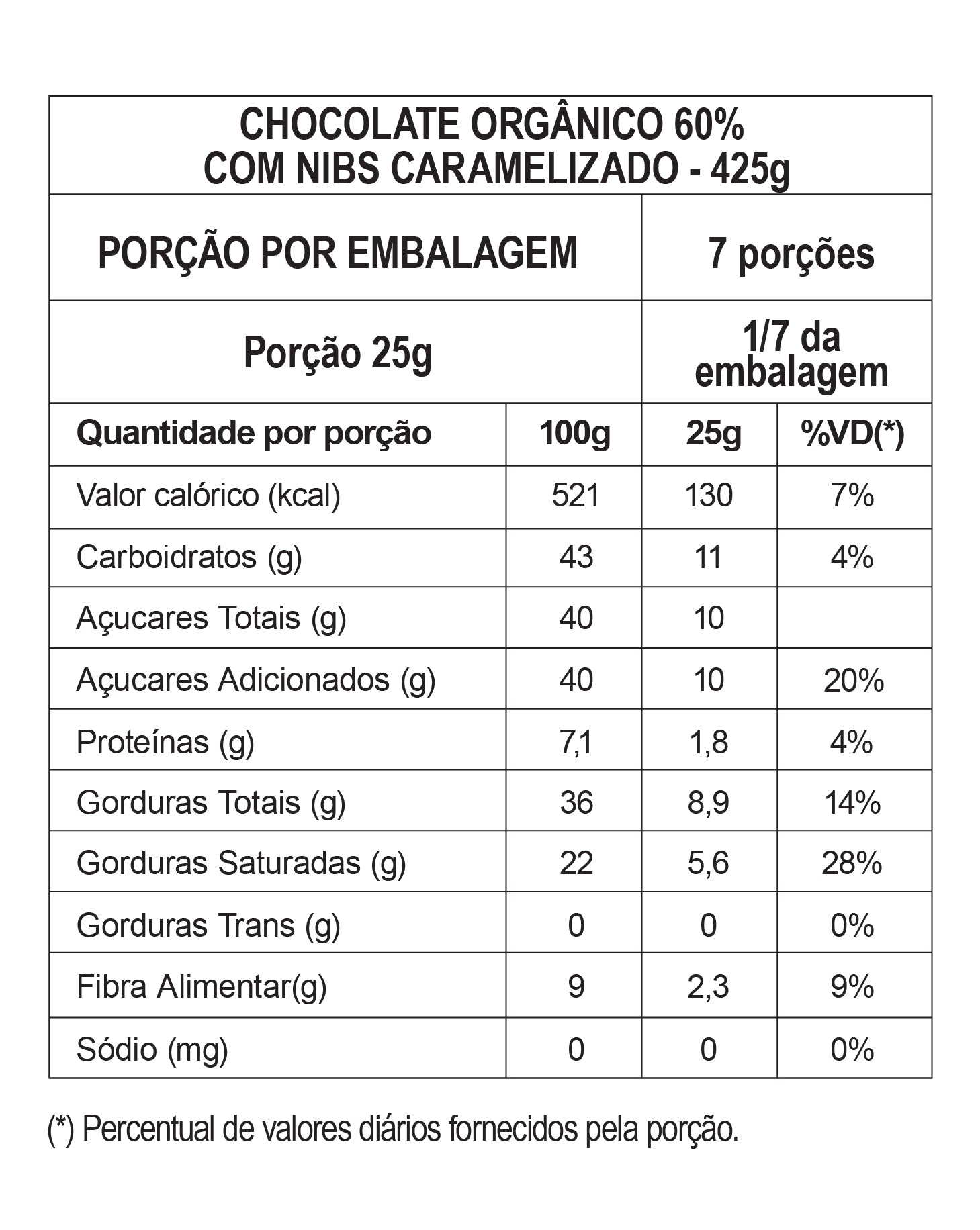 Chocolate Orgânico 60% Nibs de cacau caramelizado - Barra 425g