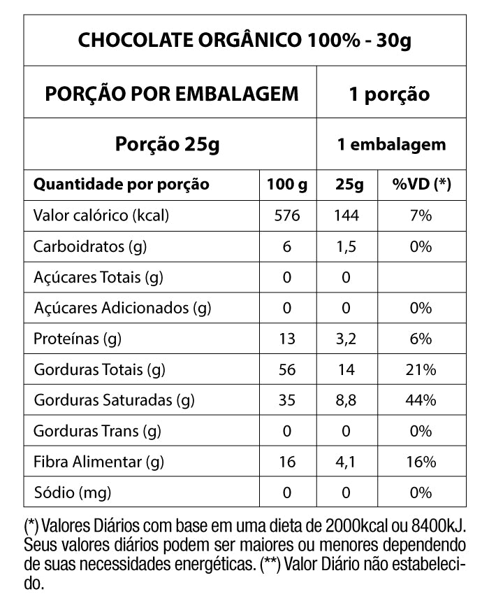 Chocolate Orgânico 100% Cacau 30g