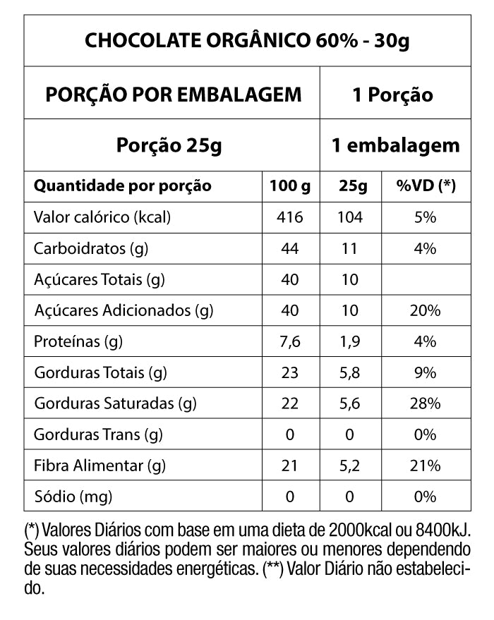 Chocolate Orgânico 60% Cacau 30g