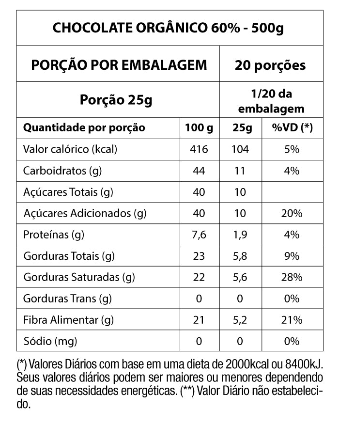 Chocolate Orgânico 60% Cacau 500g