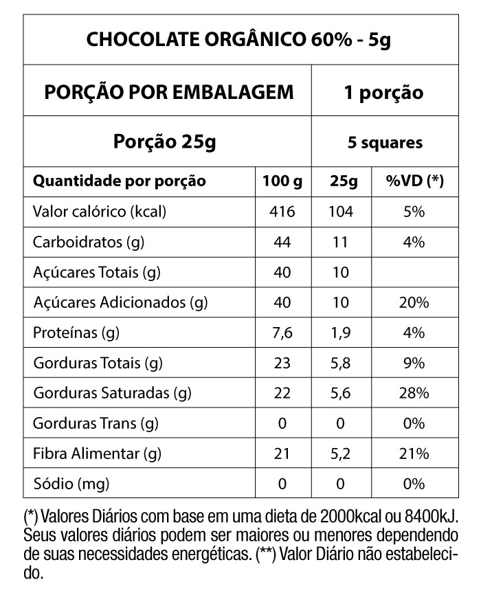 Chocolate Orgânico 60% Cacau Square 5g 100un
