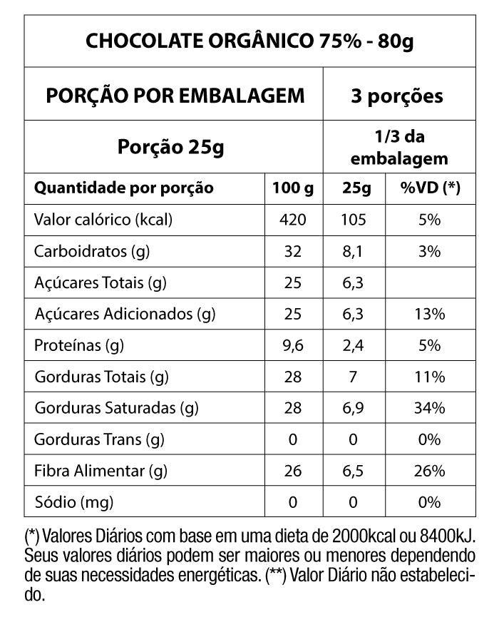 Chocolate Orgânico 75% Cacau 80g
