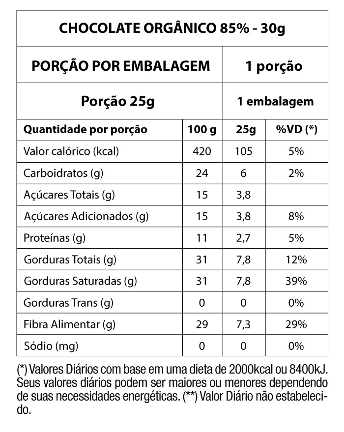 Chocolate Orgânico 85% Cacau 30g