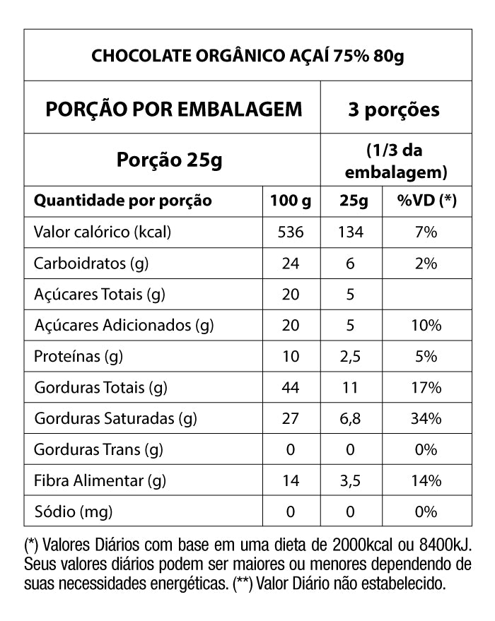 Chocolate Biodinâmico Açaí 75% Cacau com Açaí 80g