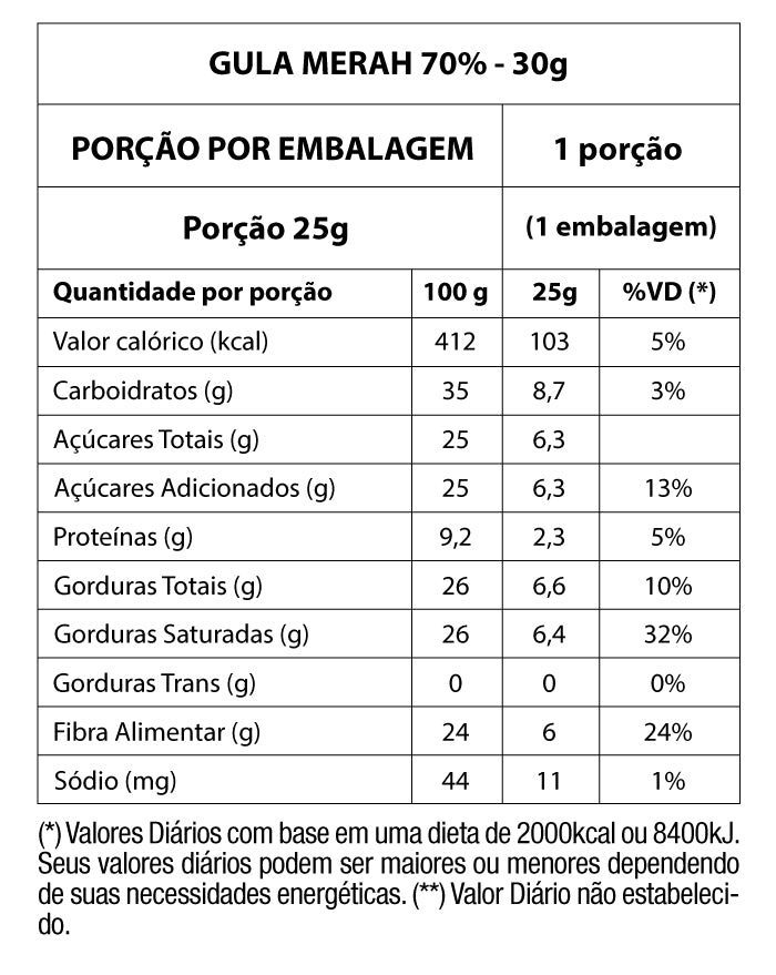 Chocolate Orgânico Gula Merah 70% Cacau com Açúcar de Coco 30g