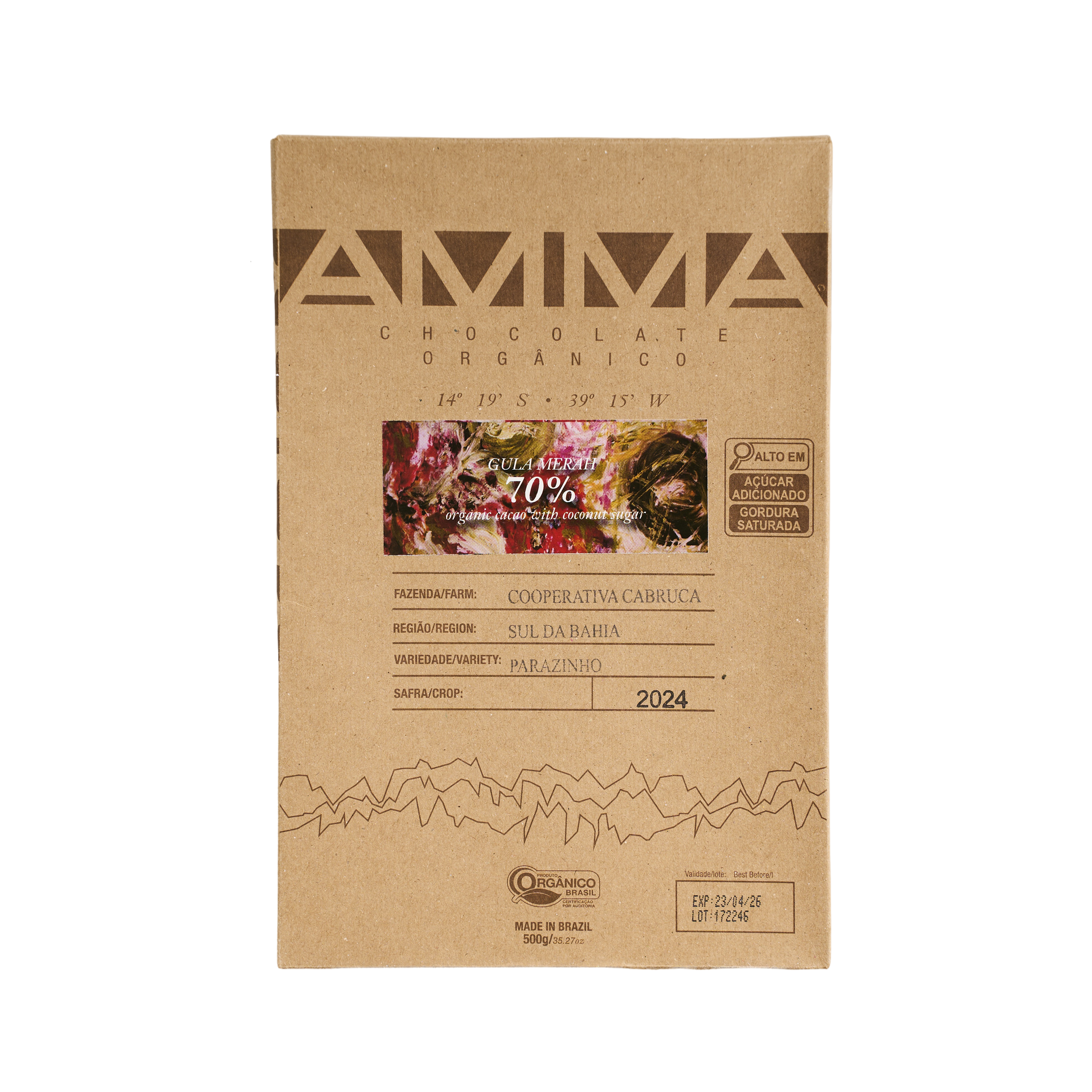 Chocolate Orgânico Gula Merah 70% Cacau com Açúcar De Coco 500g