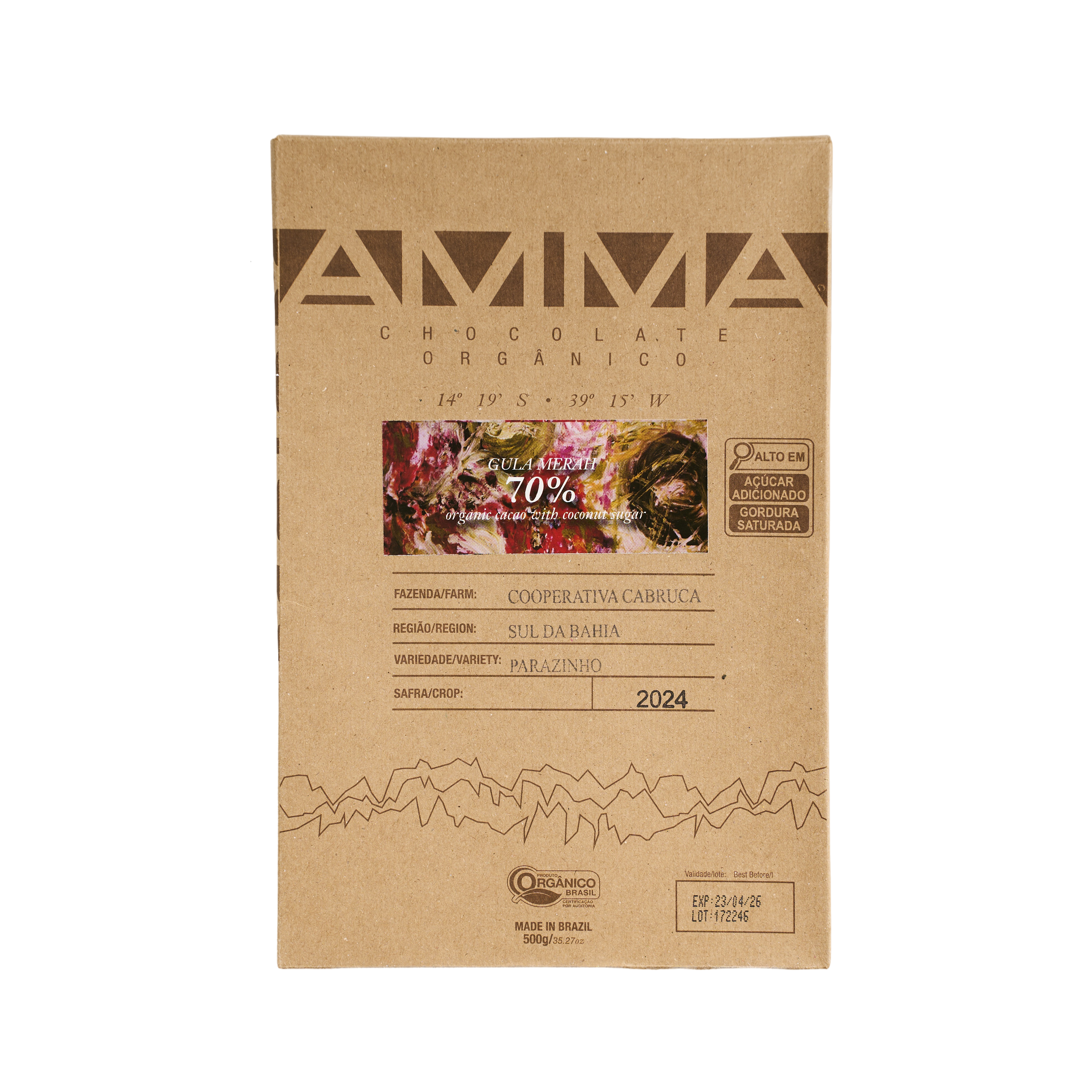 Chocolate Orgânico Gula Merah 70% Cacau com Açúcar De Coco 500g