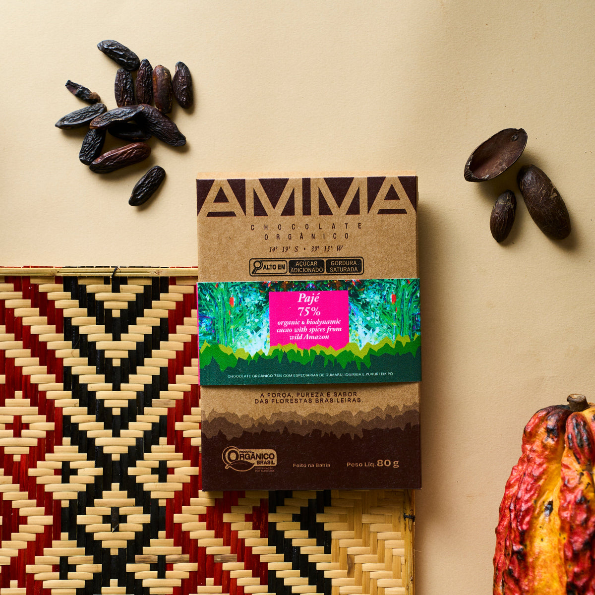 Chocolate Biodinâmico Pajé 75% Cacau com especiarias da Amazônia 80g