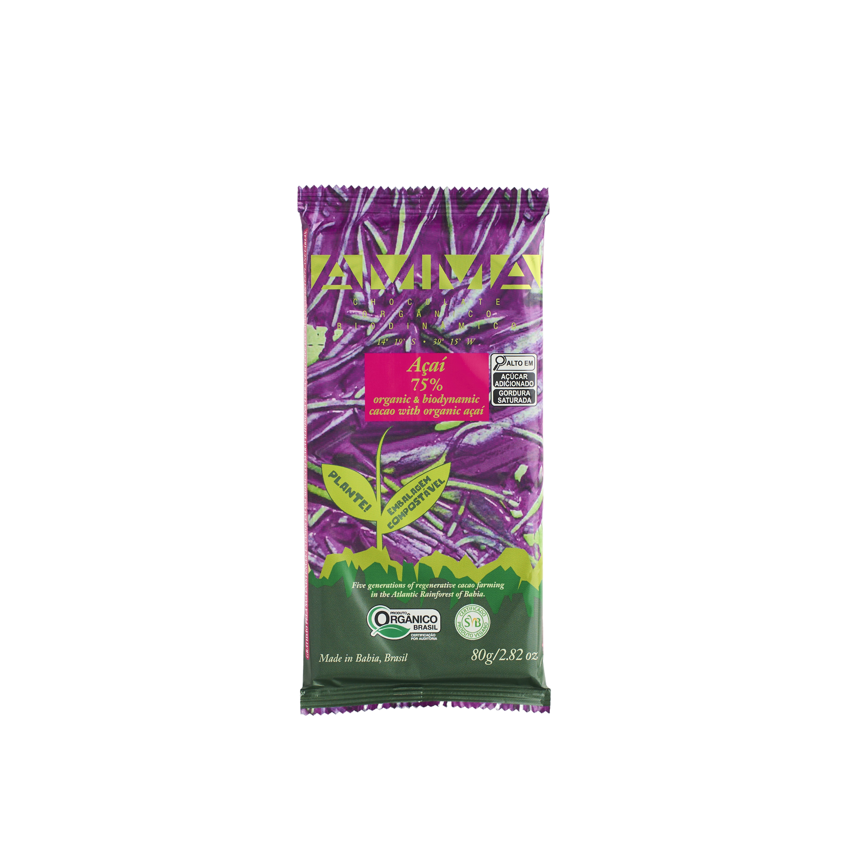 Chocolate Biodinâmico Açaí 75% Cacau com Açaí 80g