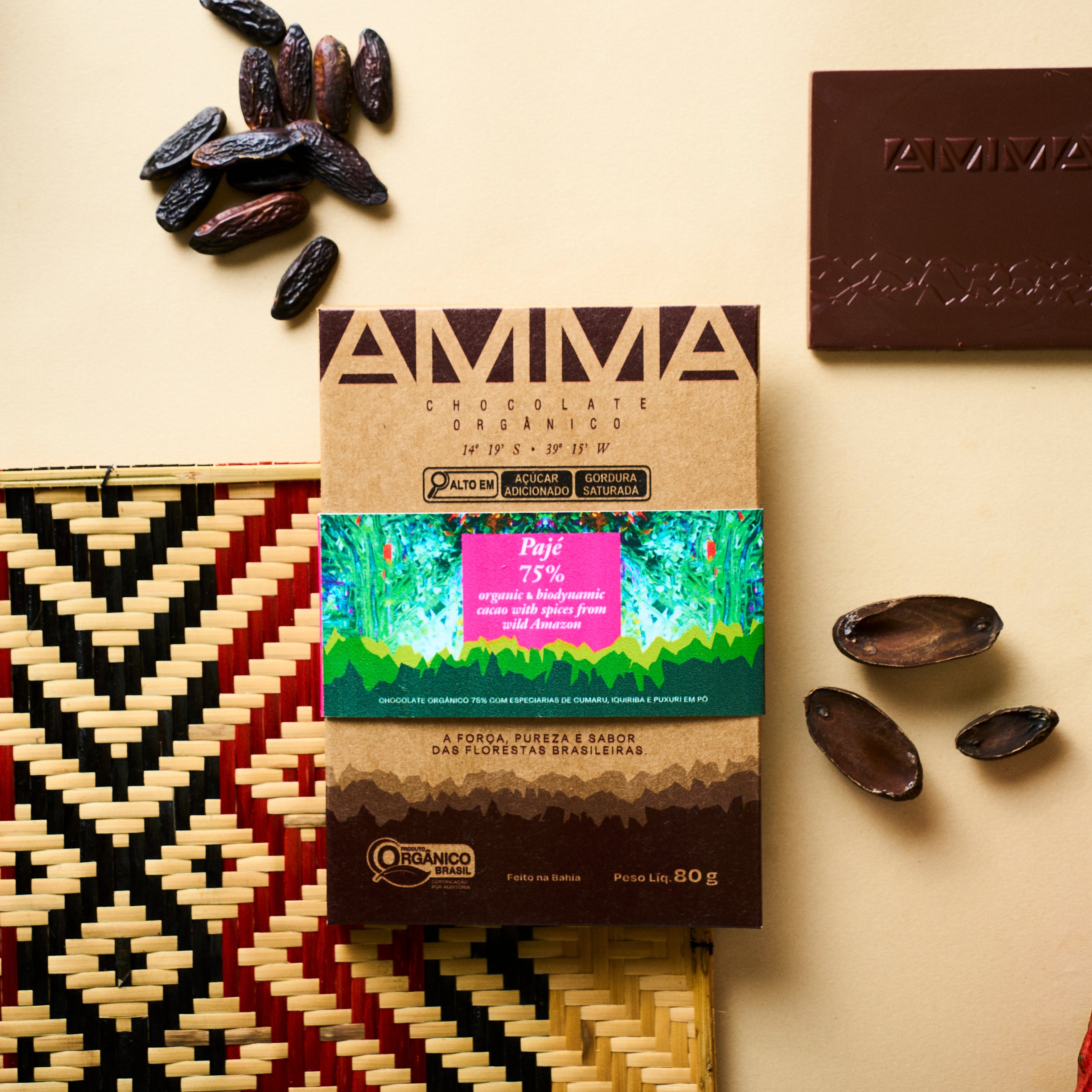 Chocolate Biodinâmico Pajé 75% Cacau com especiarias da Amazônia 80g