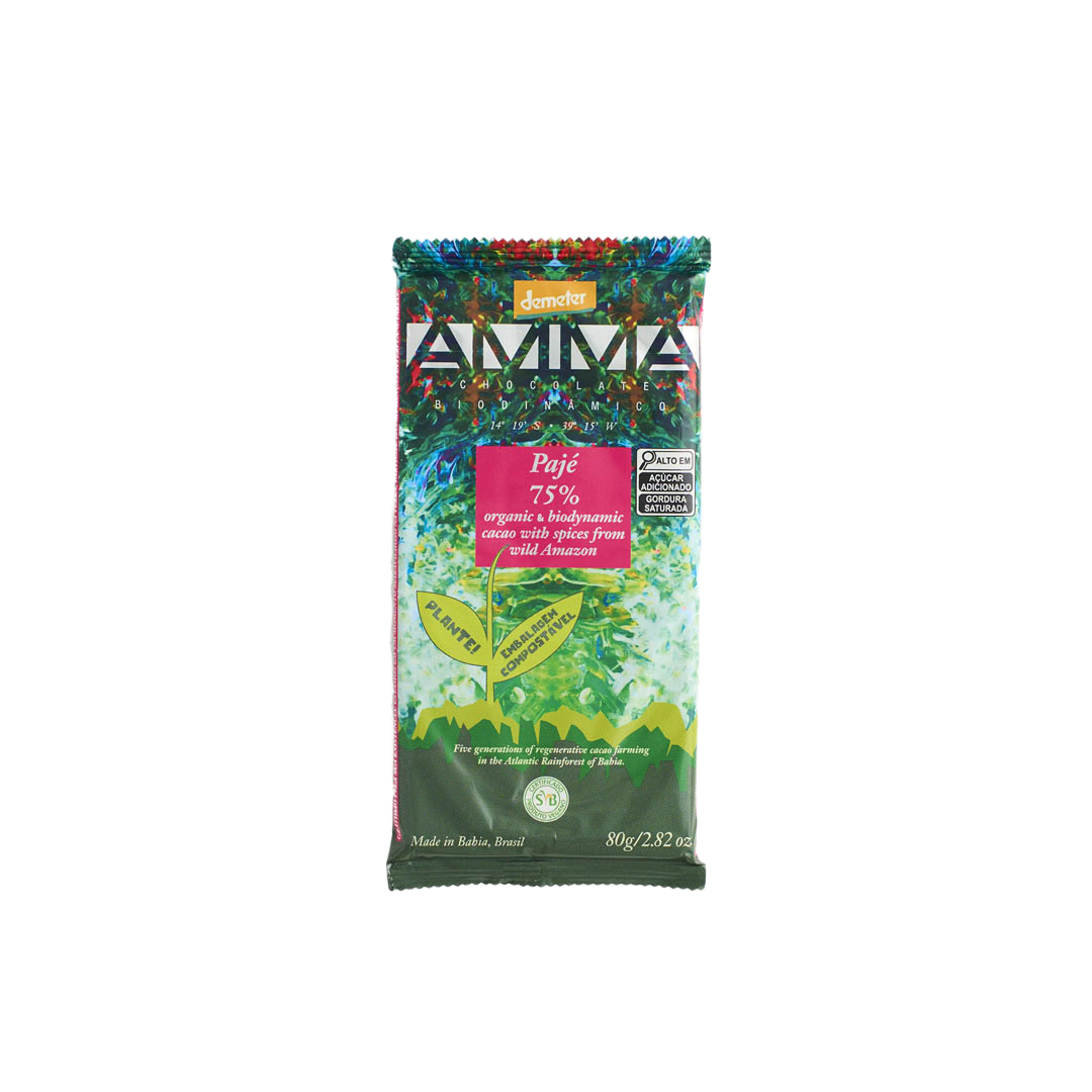 Chocolate Biodinâmico Pajé 75% Cacau com especiarias da Amazônia 80g