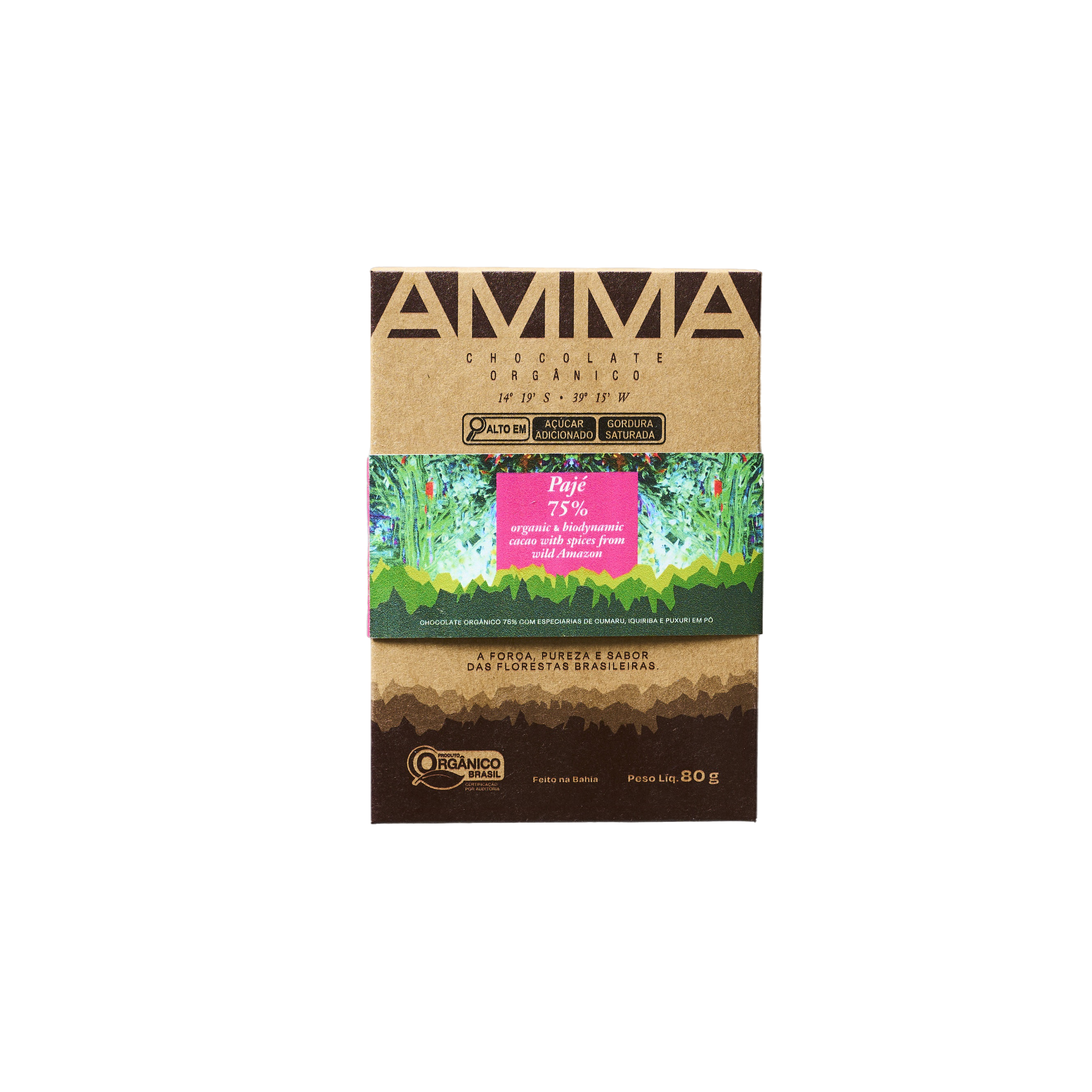 Chocolate Biodinâmico Pajé 75% Cacau com especiarias da Amazônia 80g