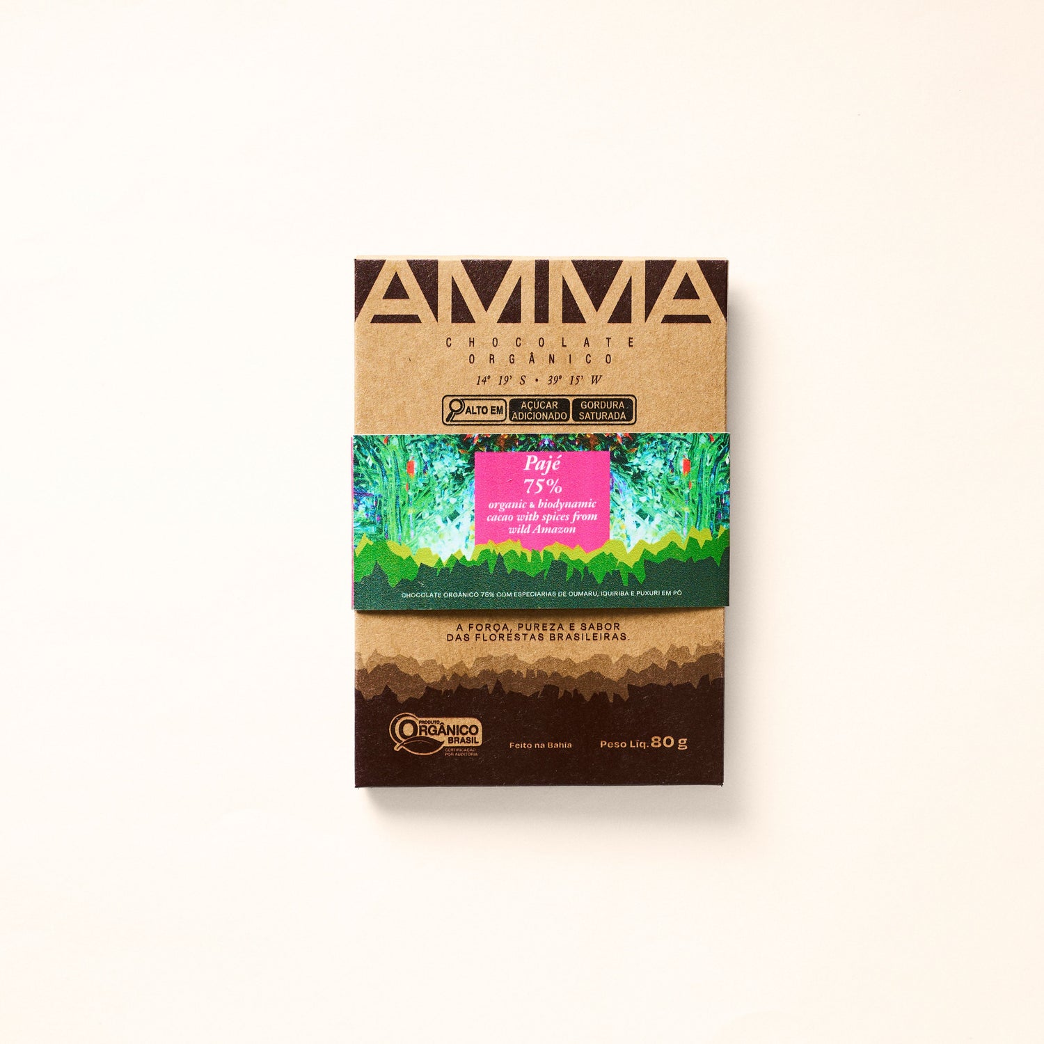 Chocolate Biodinâmico Pajé 75% Cacau com especiarias da Amazônia 80g