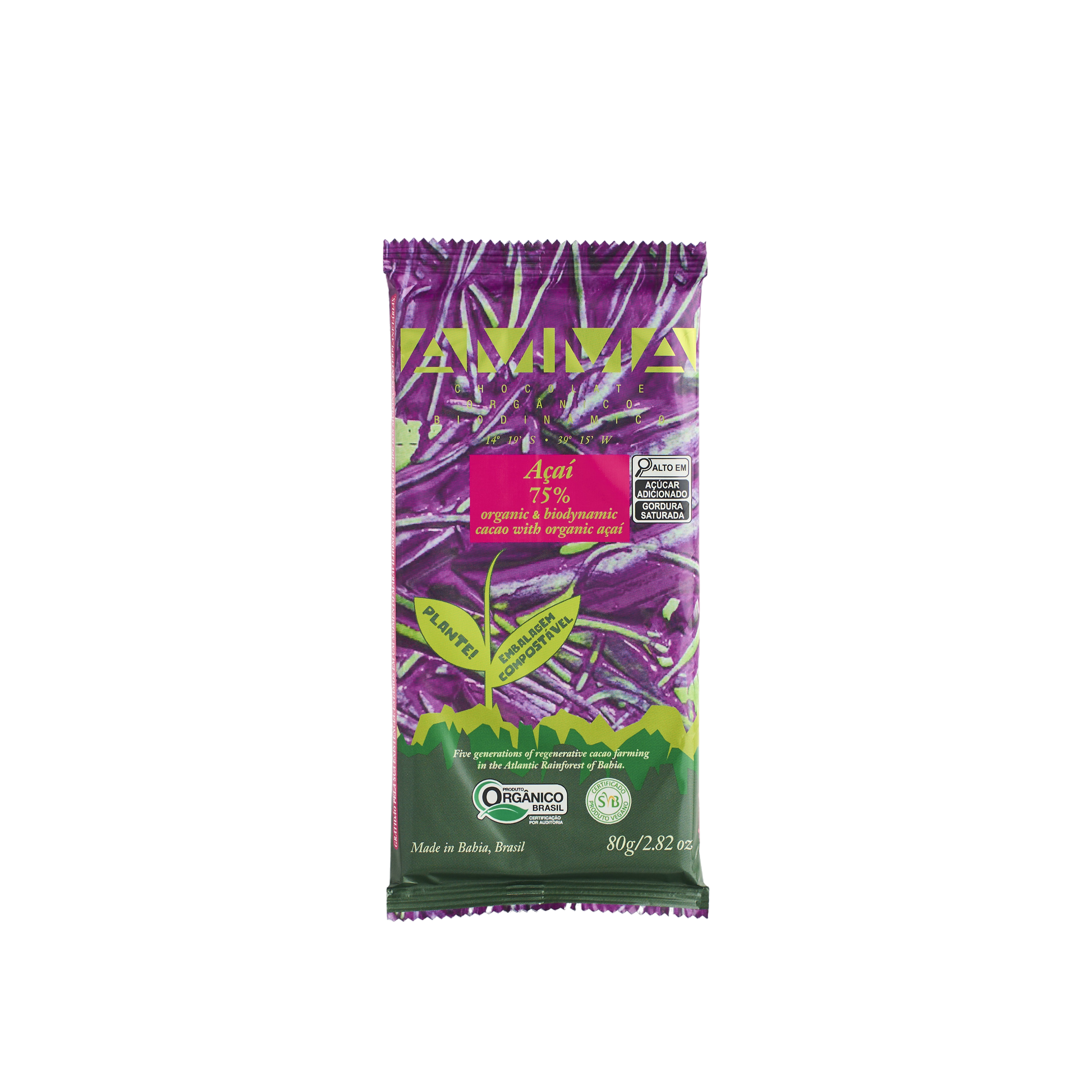 Chocolate Biodinâmico Açaí 75% Cacau com Açaí 80g