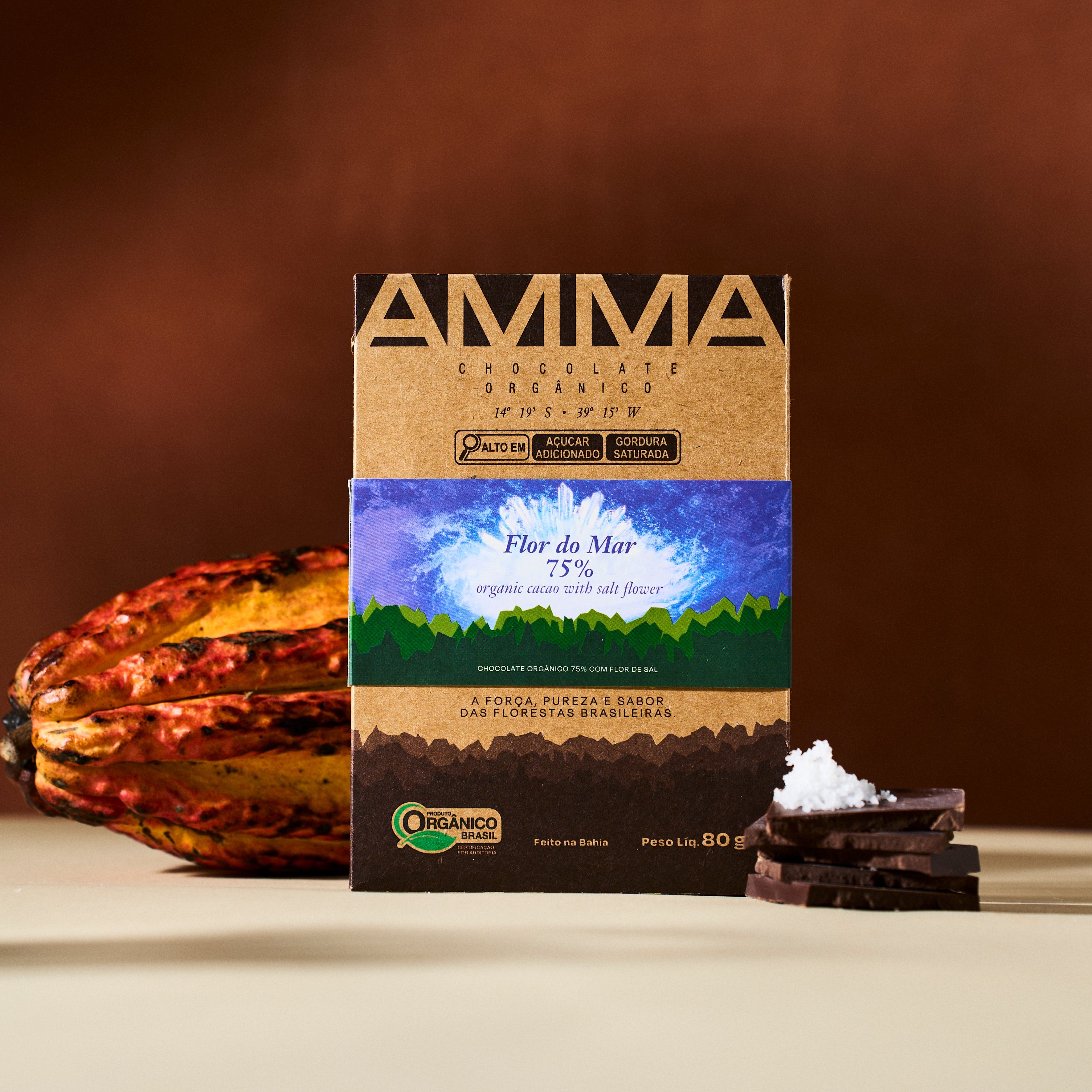Chocolate Orgânico Flor do Mar 75% Cacau com Flor de Sal 80g